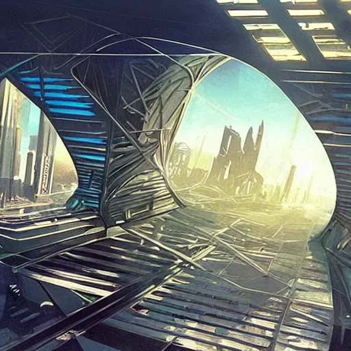 Image similar to overgrown futuristic cityscape located under a bridgeway, world seen only through a portal, daylight, cinematic perspective, cinematic lighting, blue sky, syd mead, john harris, symmetrical