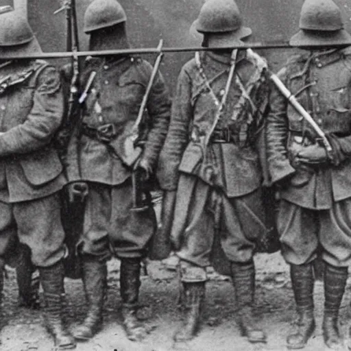 Image similar to close up of creepy occultist soldiers, ww 1 photograph, photoreal