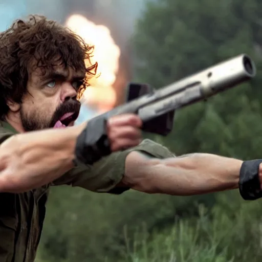 Image similar to Peter Dinklage as Rambo, screaming and shooting a rocket launcher, photo, detailed, 4k