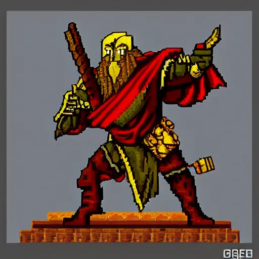 Image similar to Orc male readies his rifle, staring down the telescopic sights. His red and gold cape fluffers in the wind, and his renaissance era armor glistens in the sunshine, pixel art 128x128 MS-DOS Heroes of Might and Magic