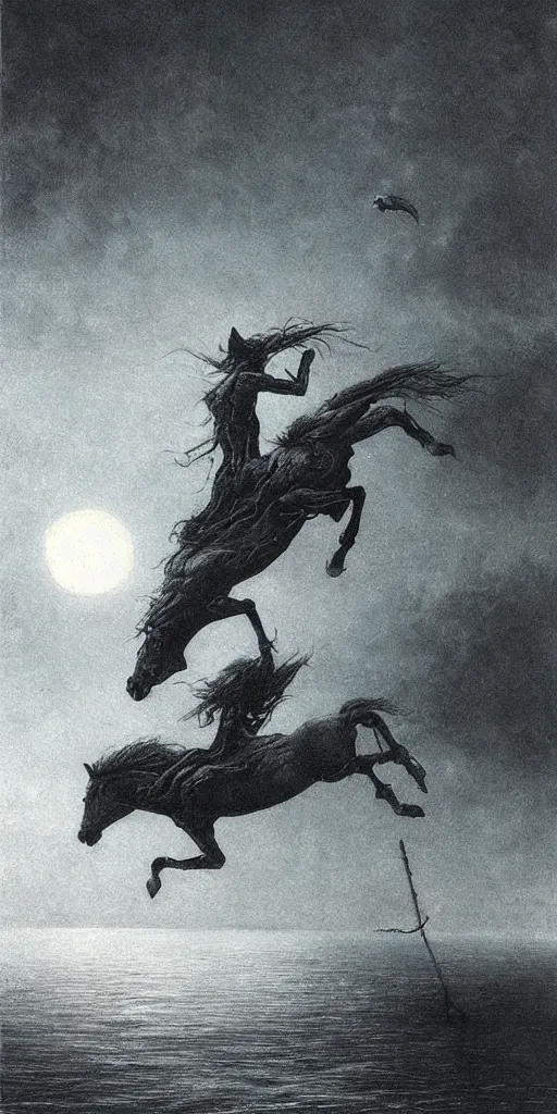 Prompt: a demon horse falls off a cliff and into the ocean under the moonlight, beksinski, dariusz zawadzki, surreal, ethereal