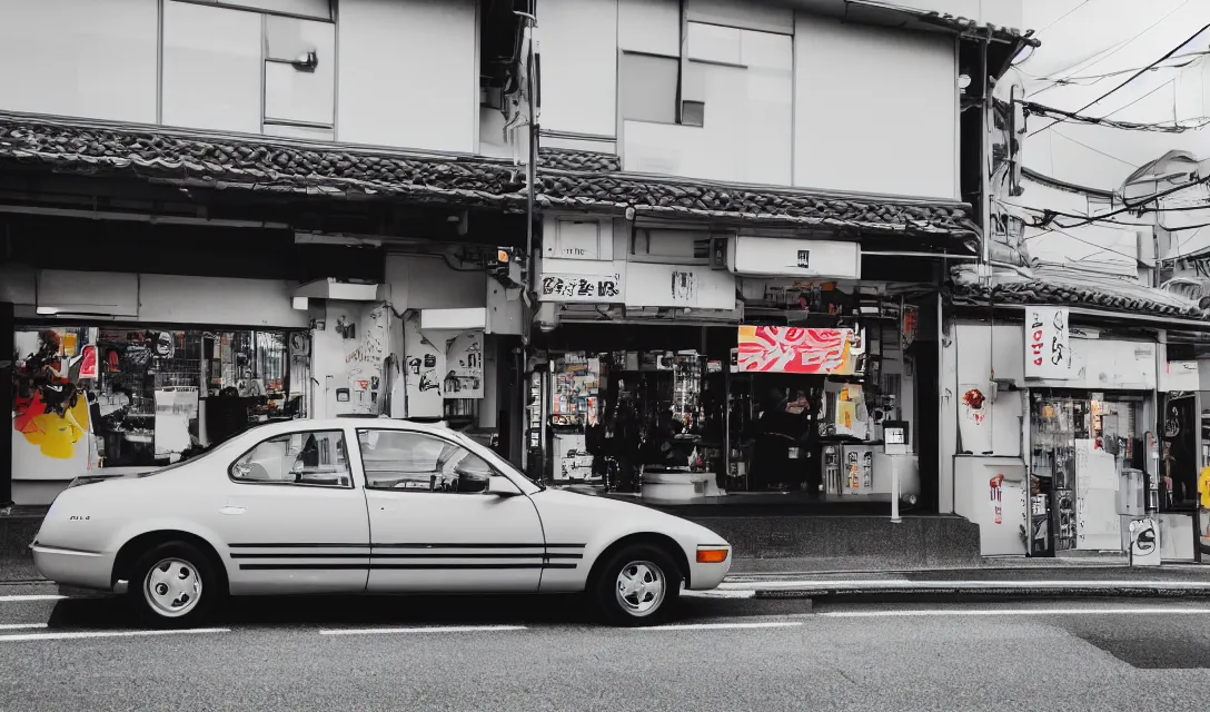 Prompt: outrun still of a car parked in front of a shop in Kyoto, wide shot, highly detailed, futuristic