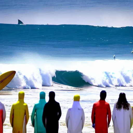 Prompt: worshippers in white robes belonging to the cult of the surfers, surfing in waves, standing on surfboards, surfing in the face of a tsunami, high detailed colors, bright deep blue