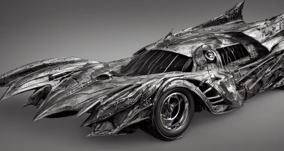 Image similar to The Batmobile Designed By Moebius Yasushi Nirasawa and HR Giger, full body action pose, hyperrealistic, octane render, HDR, volumetric lighting,