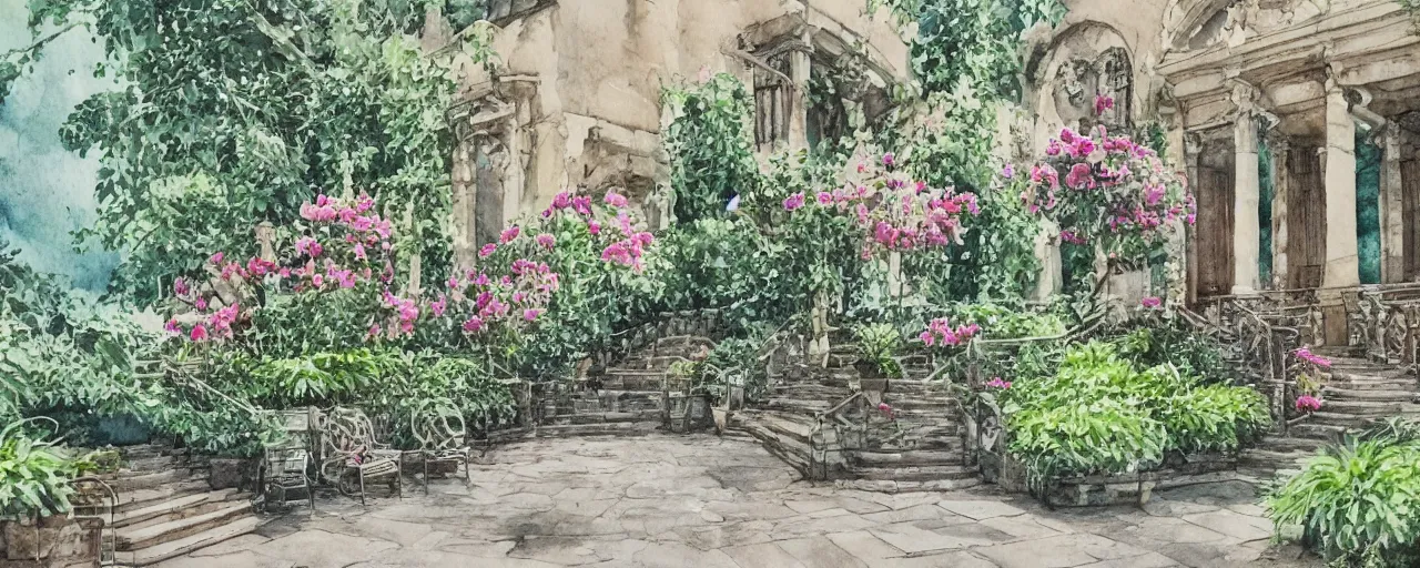 Prompt: isomeric view, stairway, chairs, delicate water in a botanic garden, garden road, sparrows, temple in a botanical herbarium paper, watercolor colored painting, iridescent colors, 8 k, realistic shaded, fine details, artstation, italian style, colonnade, huge flowers, architecture