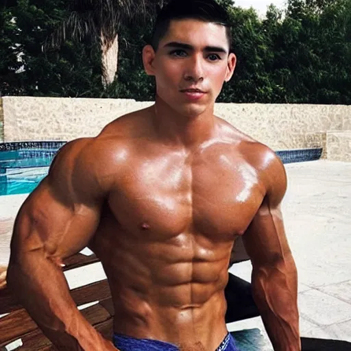 Image similar to “a realistic detailed photo of a handsome guy who is named Rey Garza a fitness model, frozen like a statue, with shiny skin, by a pool, on display, half humanoid, half robot, blank stare”