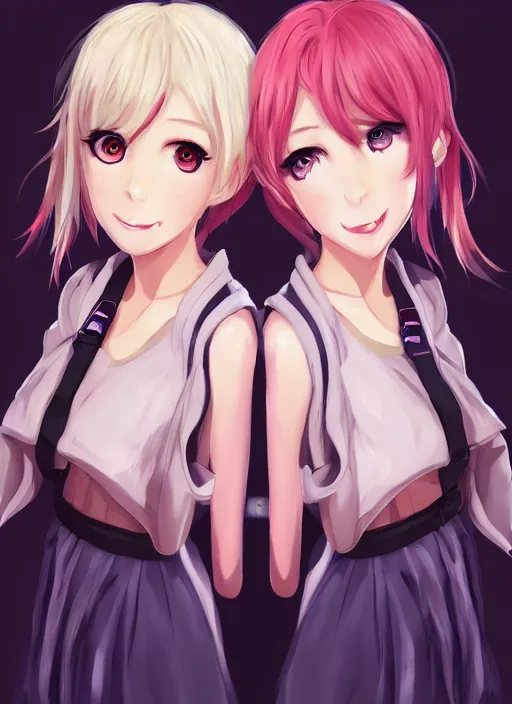 Prompt: twin anime girls with opposite hair color smiling at the camera, symmetrical face, perfect details, digital painting, trending on artstation, deviantart, artgem, perfect composition, ross draws, wlop