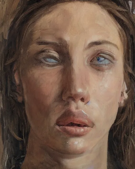 Image similar to a close up portrait a very ordinary young woman with a distracted expression, low angle, facing front, looking up, by Lucian Freud and Jenny Saville, oil painting, anatomically correct, beautiful perfect face, visible brushstrokes, sharp focus, Highly Detailed, Cinematic Lighting, 8k, HD