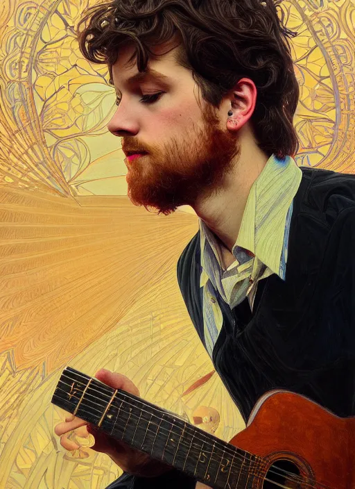 Prompt: oil portrait of singer - songwriter zachary bill dess, intricate, elegant, highly detailed, lighting, painting, artstation, smooth, illustration, art by greg rutowski and alphonse mucha