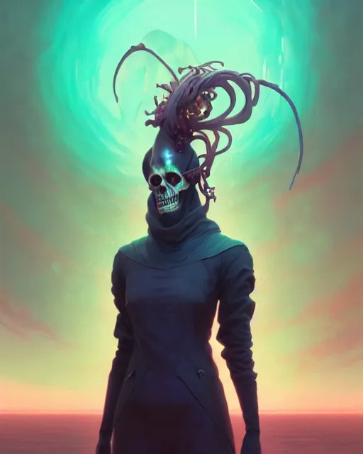 Image similar to highly detailed surreal vfx portrait of a oceanpunk grim reaper, stephen bliss, unreal engine, greg rutkowski, loish, rhads, beeple, makoto shinkai and lois van baarle, ilya kuvshinov, rossdraws, tom bagshaw, alphonse mucha, global illumination, detailed and intricate environment