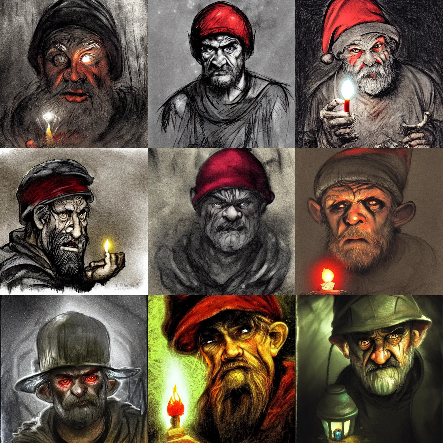 Prompt: an angry, grimy, dirty, grumpy [ old ], miner elf ( with red hat and a glowing latern ) in a pitch black mine, looks into the camera. angry kubrick stare. chiaroscuro lighting, high contrast, faux painting, fairy tale illustration, character concept art by brian froud, inspired by grimm fairytales