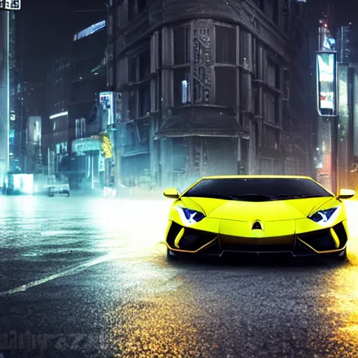 Image similar to Lamborghini in a cyberpunk street, realistic, high details, rain, night, 4k