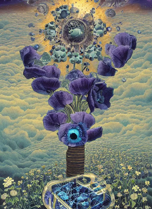 Image similar to detailed, intricate blue black and purple papaverum flower on the field, nebula, galaxy in the sky, winning award masterpiece, fantastically beautiful, illustration, aestheticly inspired, jacek yerka, upscale with anguissola sofonisba work, artstation, 8 k