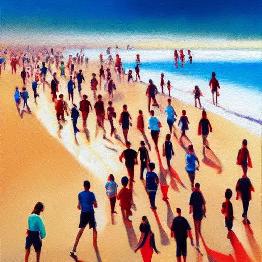 Image similar to photorealistic oil painting of thousands of people walking in single file on a beach