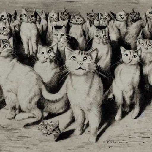 Prompt: March of Progress by Rudolph Zallinger with cats, illustration, monochrome