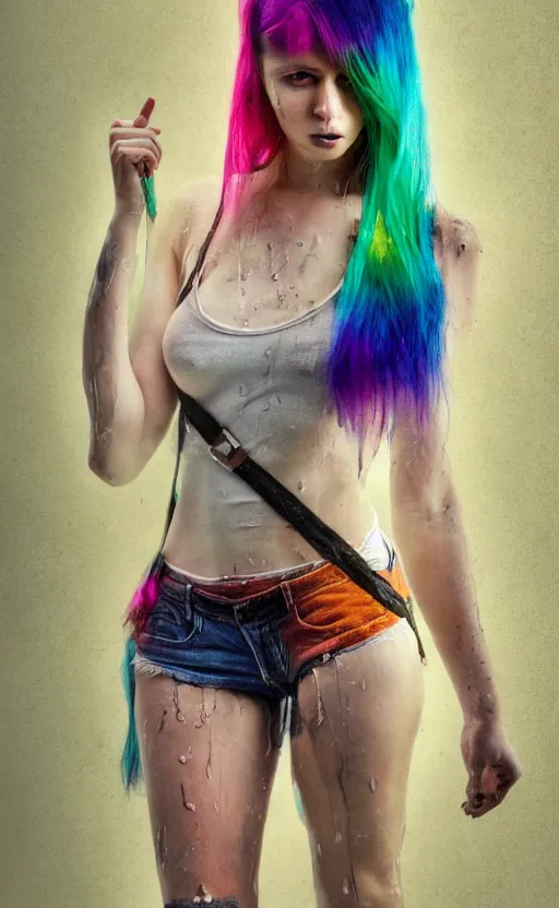 Prompt: grungy woman, rainbow hair, soft eyes and narrow chin, dainty figure, long hair straight down, skimpy shorts, suspenders, combat boots, basic white background, side boob, in the rain, wet tshirt, wet skin, symmetrical, single person, style of by Jordan Grimmer and greg rutkowski, crisp lines and color,