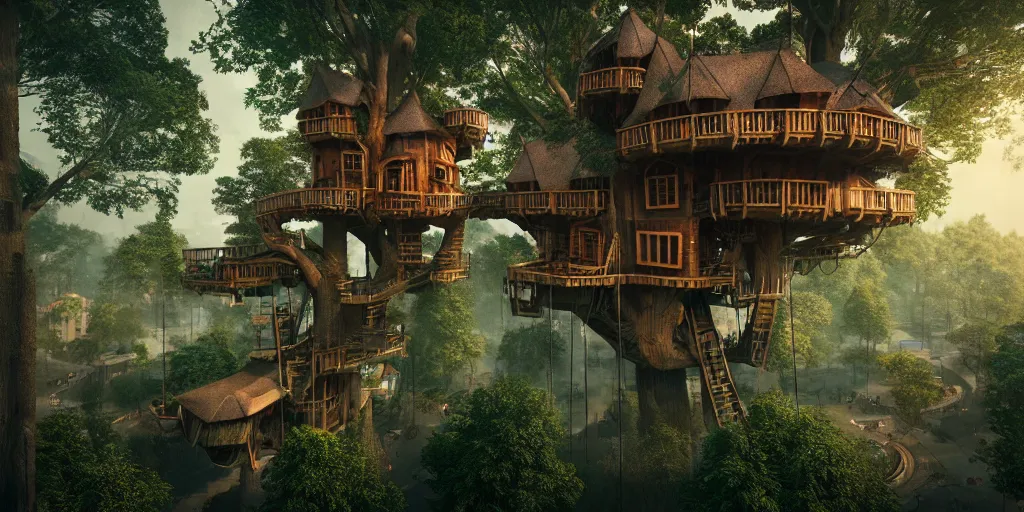 Image similar to a treehouse city, highly detailed, 8 k, hdr, award - winning, octane render, artstation, volumetric lighting