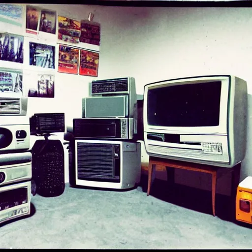 Prompt: array of crt televisions, tv static, antenna, stacked, polaroid, steroids, adult video store