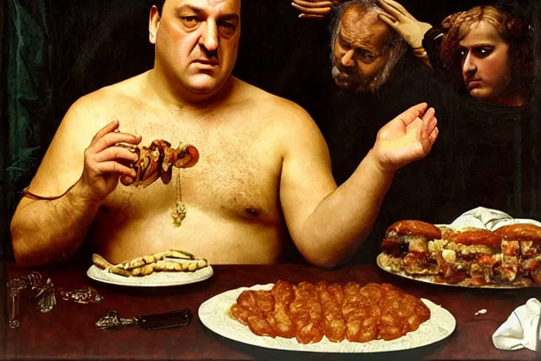 Image similar to tony soprano as a greek god eating gabagool, renaissance portrait