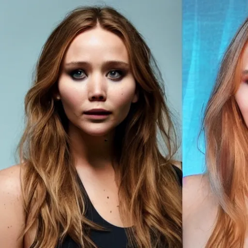 Image similar to a woman who is a genetic combination of jennifer lawrence and elizabeth olsen face and upper - body focus