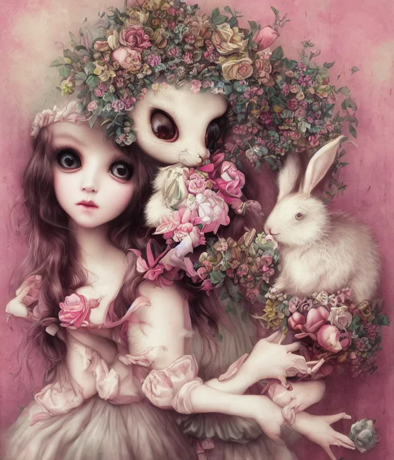 Prompt: pop surrealism, lowbrow art, realistic cute alice girl holding a bunny painting, japanese street fashion, hyper realism, muted colours, rococo, natalie shau, loreta lux, tom bagshaw, mark ryden, trevor brown style