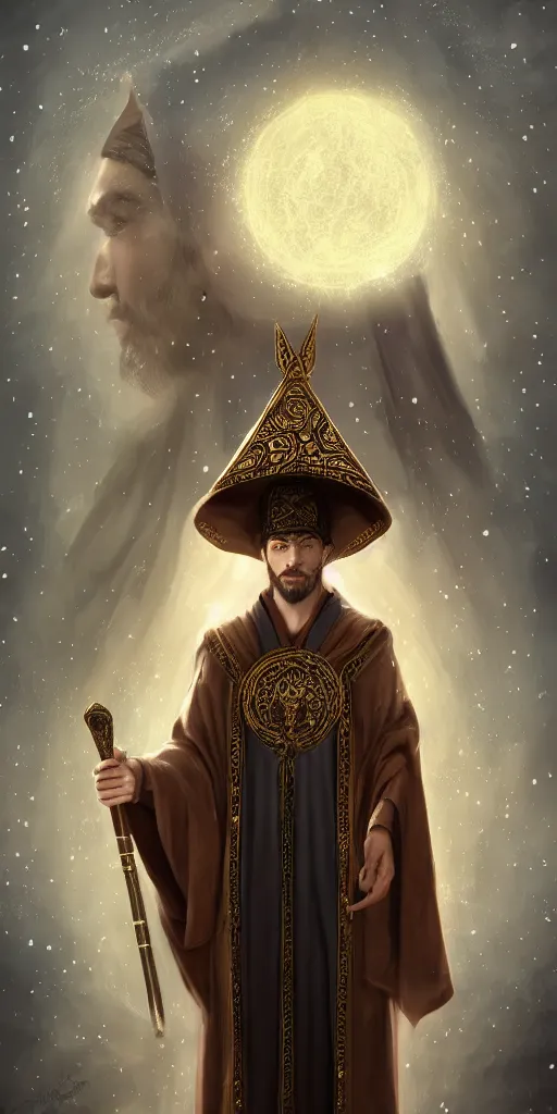 Image similar to adult wizard wearing a byzantine hat and a robe with star and moon pattern, handsome face, focus eyes, hyperrealistic, large star crystals, symmetry, ultra realistic soft painting, full body, fantasy, intricate, elegant, highly detailed, digital painting, artstation, concept art, matte, illustration, 8 k