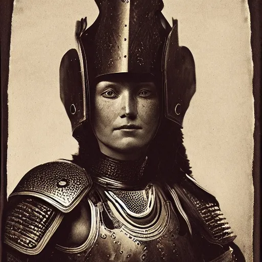 Prompt: head and shoulders portrait of a female knight, quechua, lorica segmentata, cuirass, tonalist, symbolist, realistic, ambrotype, baroque, detailed, modeled lighting, vignetting, indigo and venetian red, angular, scared, raven