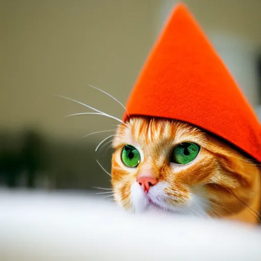 Image similar to orange tabby cat wearing a dunce cap, realistic photography