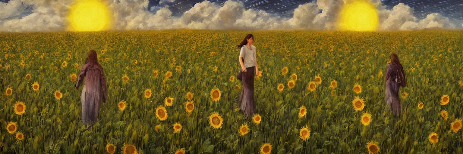 Image similar to giant sunflower as a head, girl walking in wheat field, hills, surreal photography, dark night, star trails, dramatic light, impressionist painting, clouds, digital painting, artstation, simon stalenhag