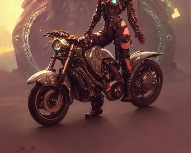 Image similar to teenager with cyberpunk motorcycle, deep focus, d & d, fantasy, intricate, elegant, highly detailed, digital painting, artstation, concept art, matte, sharp focus, illustration, hearthstone, art by artgerm and greg rutkowski and alphonse mucha