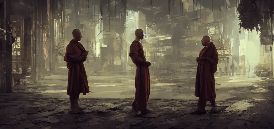Prompt: monk meditation in a cyberpunk world with people walking around wearing vr headset by eugene von guerard, ivan shishkin, concept art, trending on artstation
