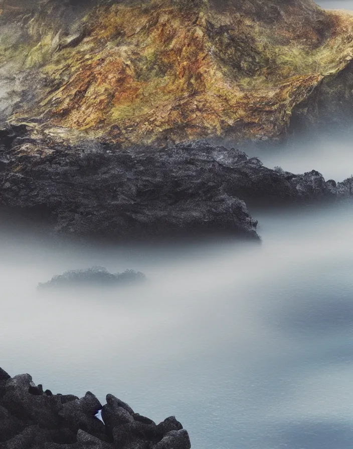 Image similar to Northern landscape with black sand beach and rocky cliffs by aaron westwood, fog, volumetric, trending on instagram, concept art, realistic, highly detailed, 8k