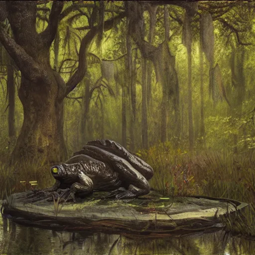 Image similar to Swamp dam in a dark forest with a huge statue of a toad, drawn by Viktor Vasnetsov, oil painting, harsh fairy tale, soft style, hyperrealism, beautiful, high resolution, trending on artstation,