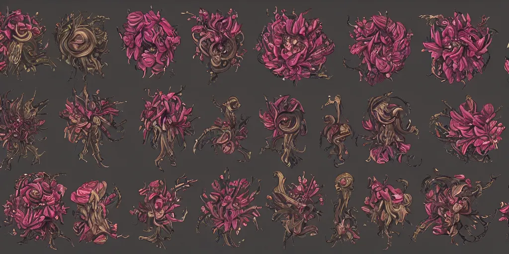 Image similar to reference sheet of unique lovecraftian flower on black background, in gouache detailed paintings, props, stylized, 2 d sprites, kitbash, 8 k, close up