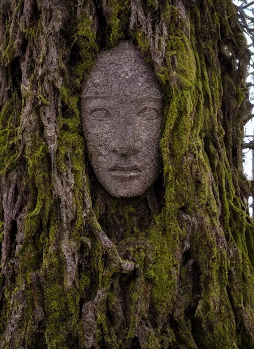 Image similar to photograph of hyperrealistic hyperdetailed ancient face in a tree covered with bark and moss, dark mysterious forest at sunset