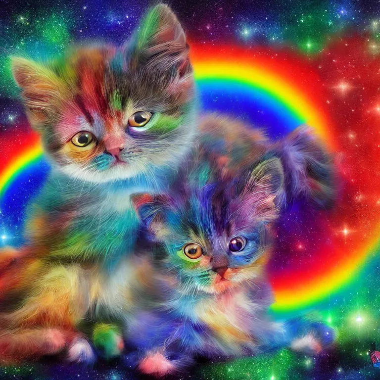 Prompt: art of Rainbow kittens in space, well lit, digital art, expressive beautiful, award winning, high quality, 4k hd, sharp, backlit, gorgeous lighting, painted by Pablo Amaringo