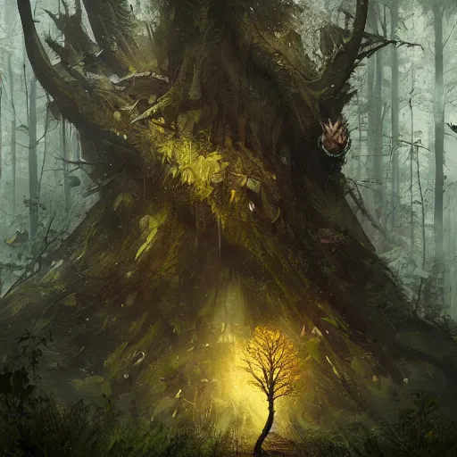 Prompt: living tree, in the shape of a rat with legs tail and yellow eyes, dark forest with black colour, by greg rutkowski, trending on art station, highly detailed, magic the gathering, matte painting