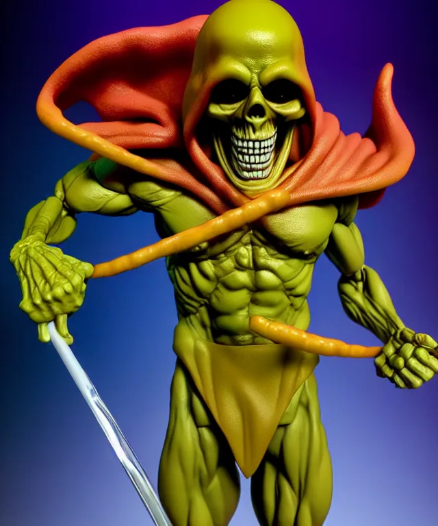 Image similar to hyperrealistic rendering, skeletor, by art of skinner and richard corben and jeff easley, product photography, action figure, sofubi, studio lighting, colored gels