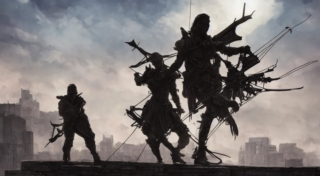 Image similar to Intense silhouette of a cool crossbow man on a rooftop watching over a bustling city, fantasy art, 4k, detailed, trending on artstation