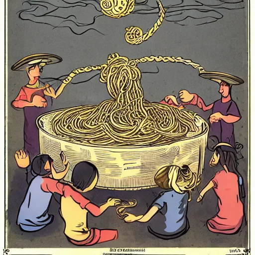 Prompt: worshipping the flying spaghetti monster