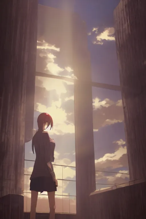 Image similar to Kurisu Makise by Akihiko Yoshida, Makoto Shinkai, with backdrop of god rays