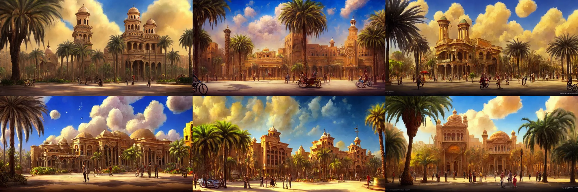 Prompt: a concept painting in the style of esao andrews of the khedival opera house in talaat harb square cairo with beautiful dramatic clouds, dappled lighting, lush landscaping, date palm trees, shrubs and flowers. esao andrews, trending on artstation