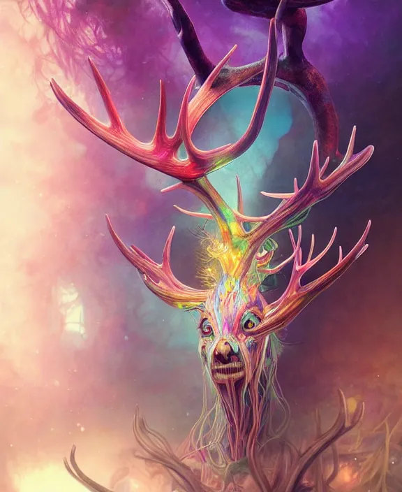 Prompt: filigreed colorful transparent portrait of a terrifying beautiful alien sea creature, antlers, mottled coloring, adorable, childlike, horror environment, ultra realistic, concept art, art nouveau, photorealistic, octane render, 8 k, unreal engine. art by christopher marley and artgerm and greg rutkowski and alphonse mucha