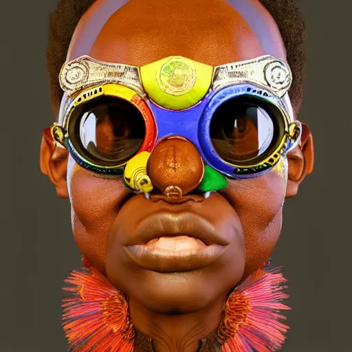 Image similar to colourful vfx upper half - portrait - art of a african tribal chief wearing steam punk goggles, art by utagawa kunisada & james jean, symmetrical, intricate detail, concept art, volumetric light, ray tracing, caricature, digital illustration, octane 3 d render, unreal engine, sharp, pinterest, behance, art station,