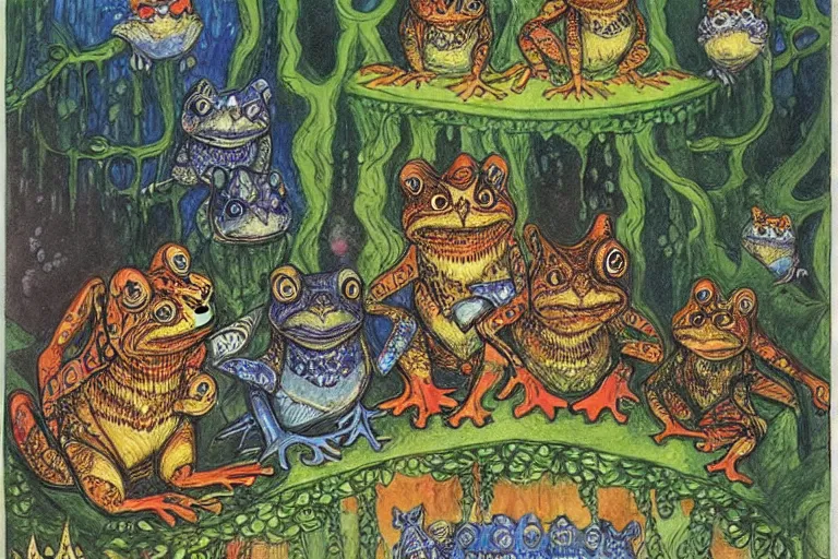 Image similar to a fantasy illustration, Castle of the frog king on Endor by Louis Wain (1920)