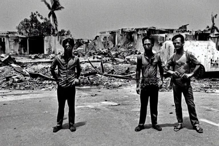 Image similar to a photo of a two mans posing in front of tank in destroyed vietnamese city, us journalism ministry photo, 1 9 6 9, fim still