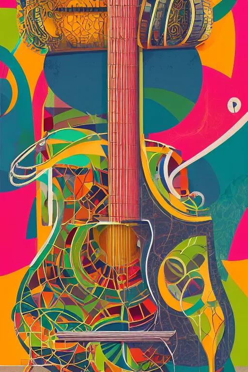 Prompt: Guitar, notes, architectures blend with organic shapes, Pop Surrealism, Essence of street forms, Geometric structures and multicolored prints, High Detail, Symmetry, Poster