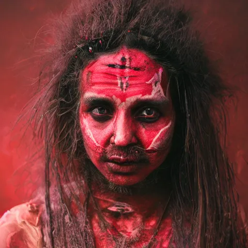 Image similar to 3 5 mm coloured film portrait of strange female aghori sadhu covered in ash creature, hyperrealism, celestial red flowers vibe, photorealistic, detailed, atmospheric, 8 k, award winning photography, cinematic