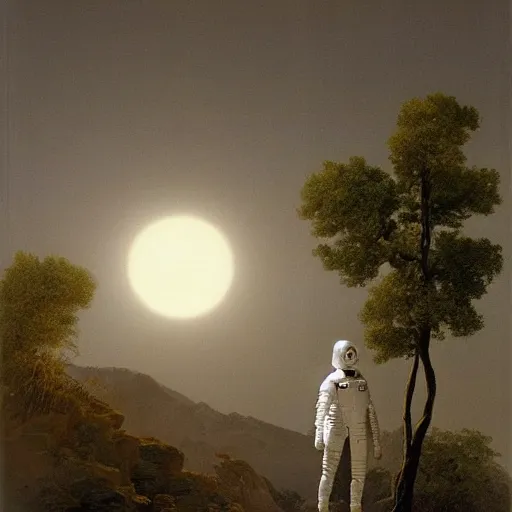 Image similar to by frank gehry, by alexandre calame slenderman lifelike, precise. land art. a beatiful illustration of a planet with two moons in the background. in the foreground, there is a woman wearing a spacesuit & holding a phaser. she is standing on a rocky surface, & there is a ship in the distance.