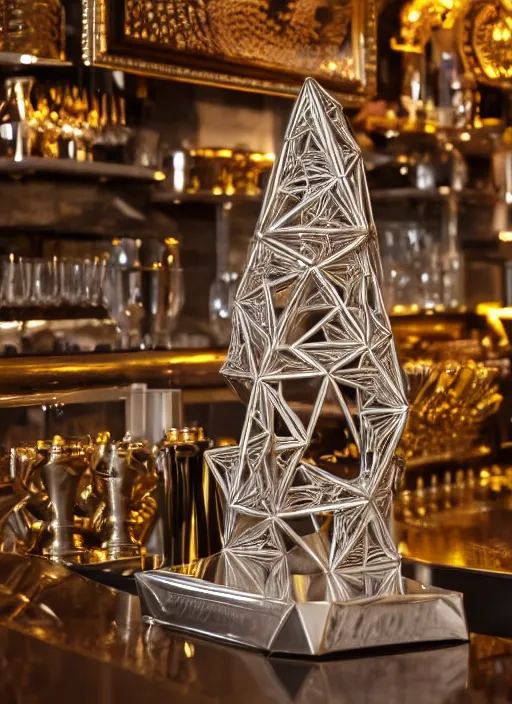 Prompt: a tall reflective very symmetrical biomechanical polyhedral 3 d printed steel ornate, intricate, engineering trophy at a high end bar in golden afternoon light, professional food photography